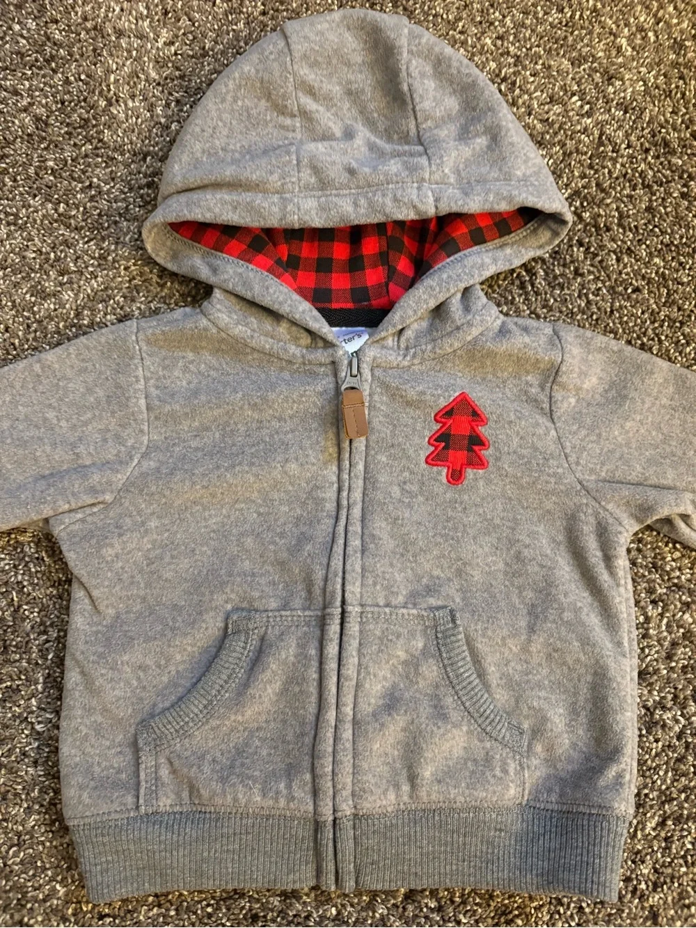 Carter's Gray Zip-up Hoodie with Red Plaid Lining and Tree Patch